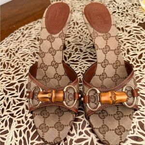Vintage Gucci Brown Bamboo Logo Mules